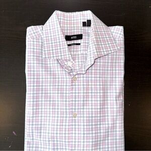 Men’s Boss Sharp Fit Pink, White And Blue Dress Shirt, 16.5 34/35